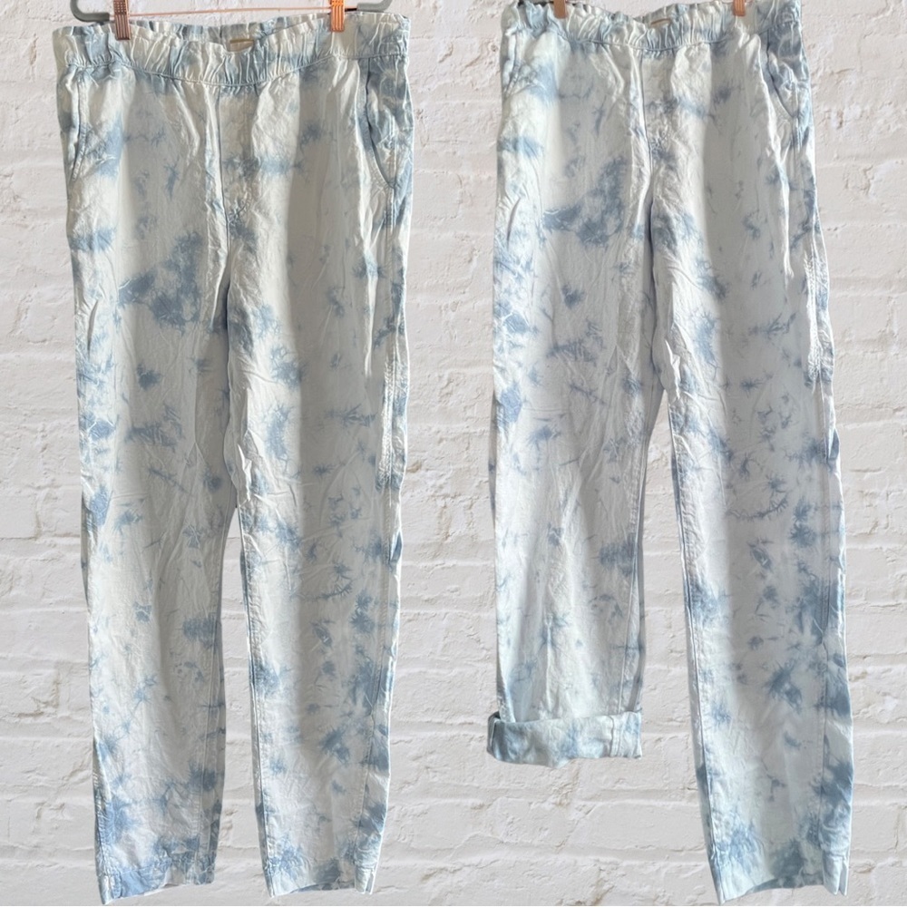 Gap, size 16, Linen blend khakis, blue white tie-dye, paper-bag, pockets